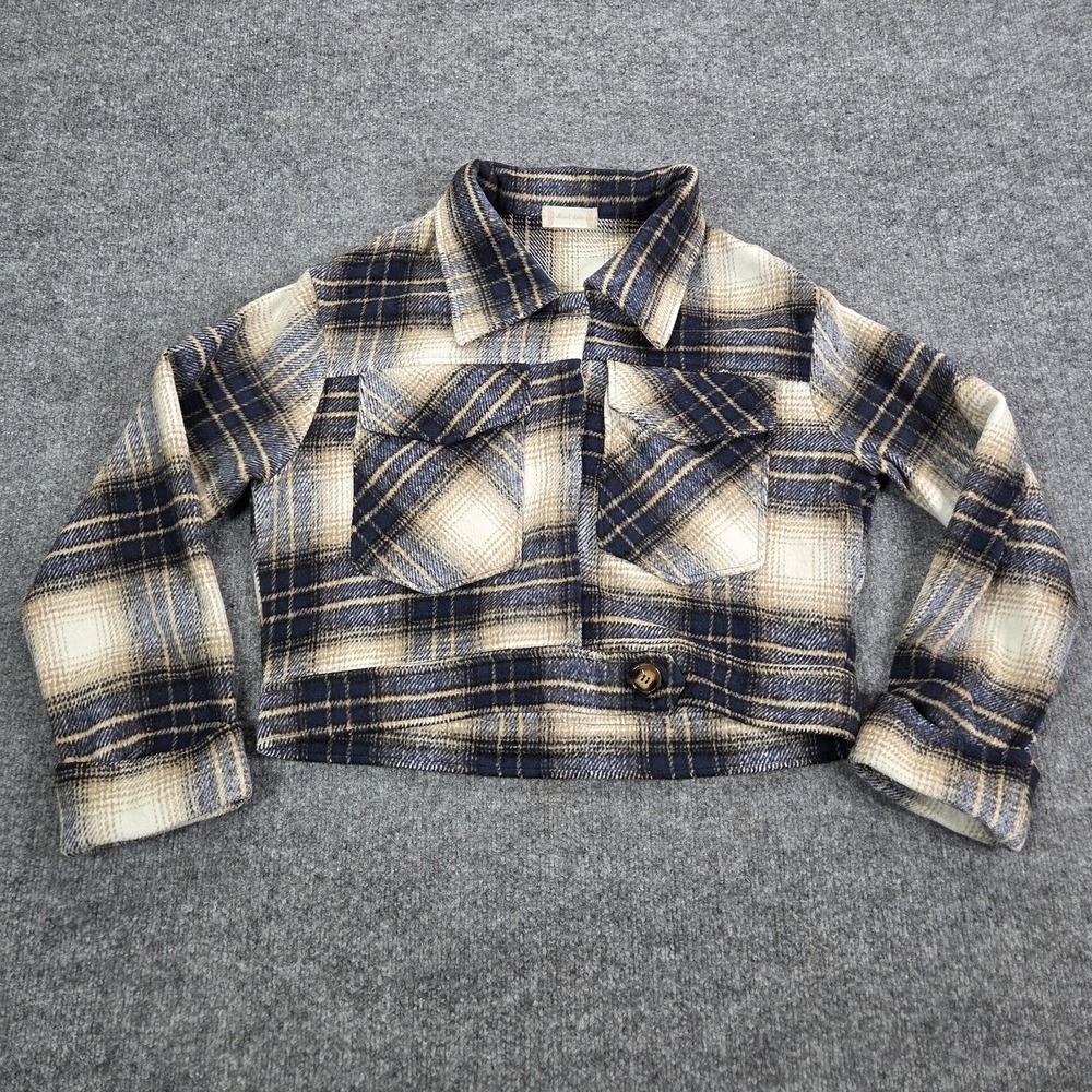 Altar'd State Jacket Womens Large Blue Plaid Cropped Flannel Short Button Front